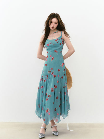 Swing Collar Flower Suspender Dress VIA0273