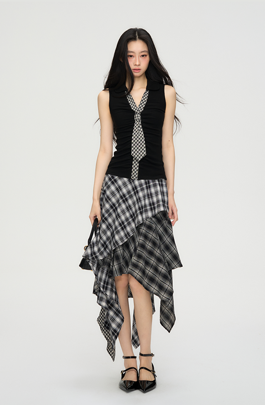 Plaid Tie Slim Sleeveless Shirt PUN0061