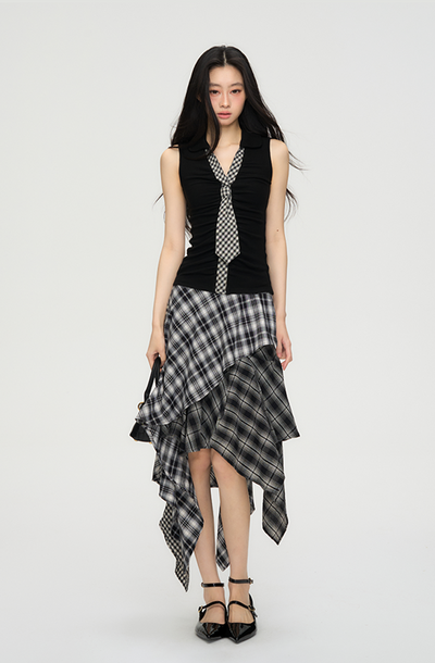 Plaid Tie Slim Sleeveless Shirt PUN0061