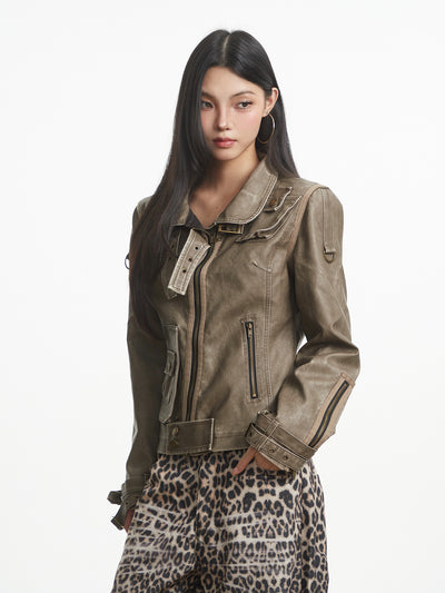 Punk Distressed Leather Workwear Jacket UNC0315