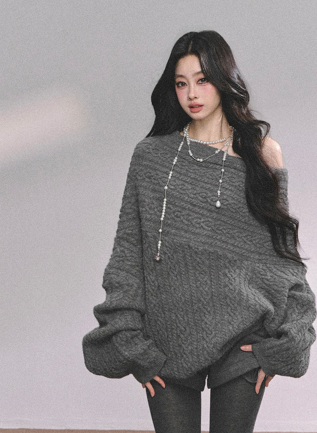 American One Shoulder Cable Sweater DIA0619