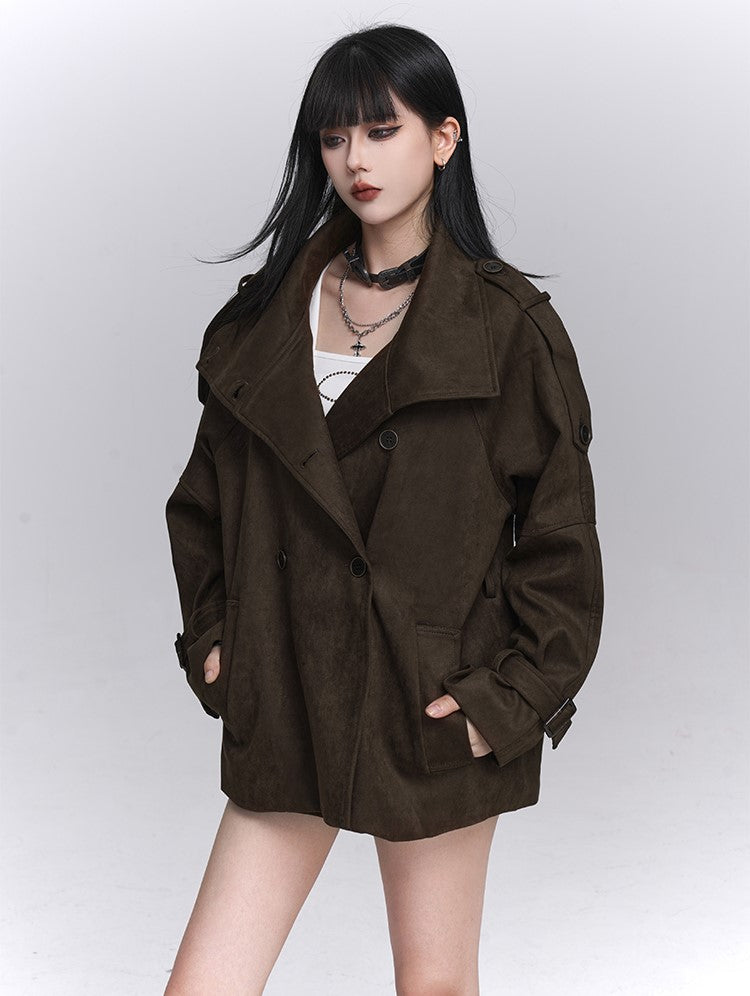 Brown Suede Stand Collar Jacket LAD0247