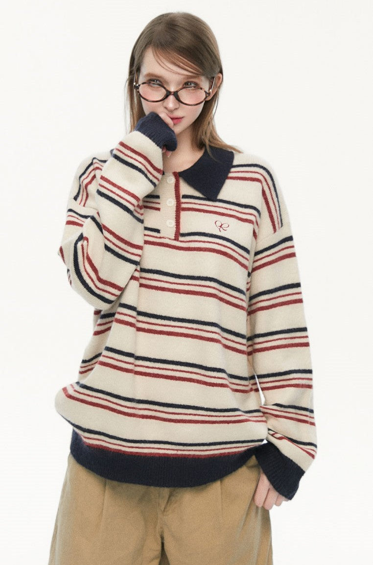 Retro Polo Collar Striped Sweater SPE0075