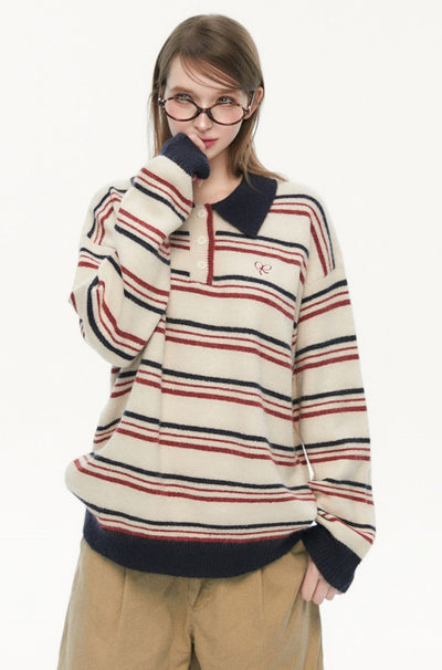 Retro Polo Collar Striped Sweater SPE0075