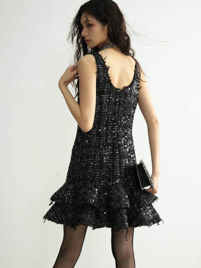 Small Fragrance Style Celebrity Sequins Destructive Tassel Ruffle Cake Dress JNY0190