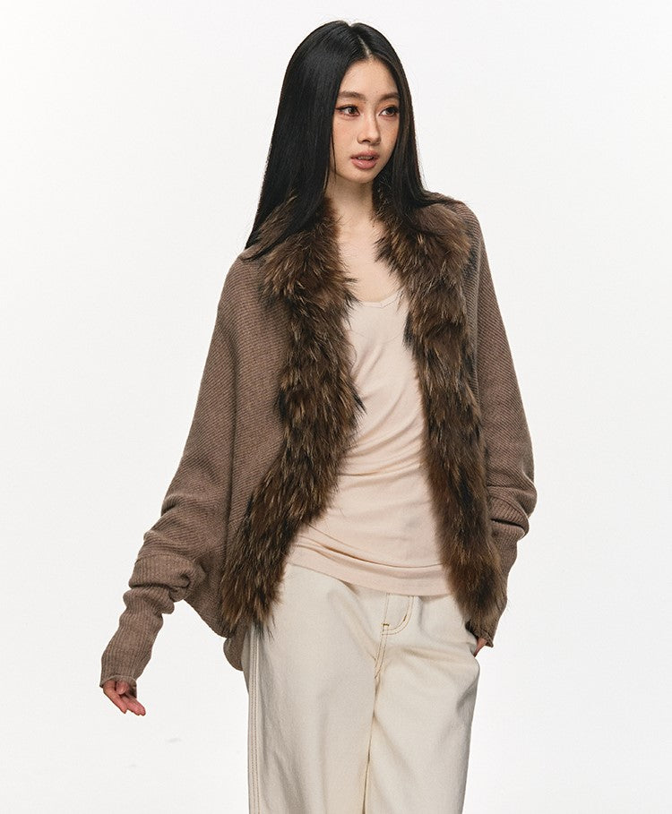 Fur Collar Patchwork Knitted Cardigan ANA0109