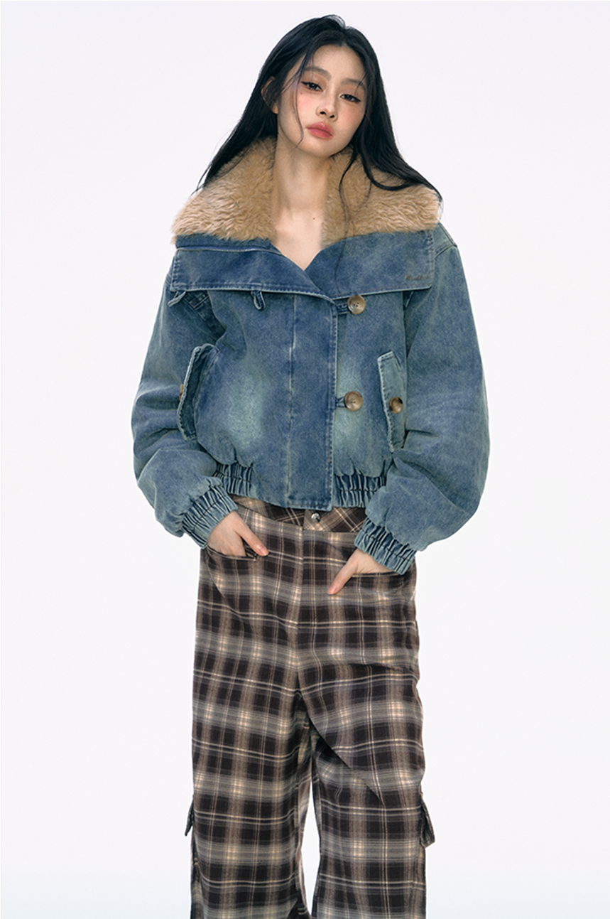 Fur Collar Denim Lapel Short Cotton Jacket PUN0034