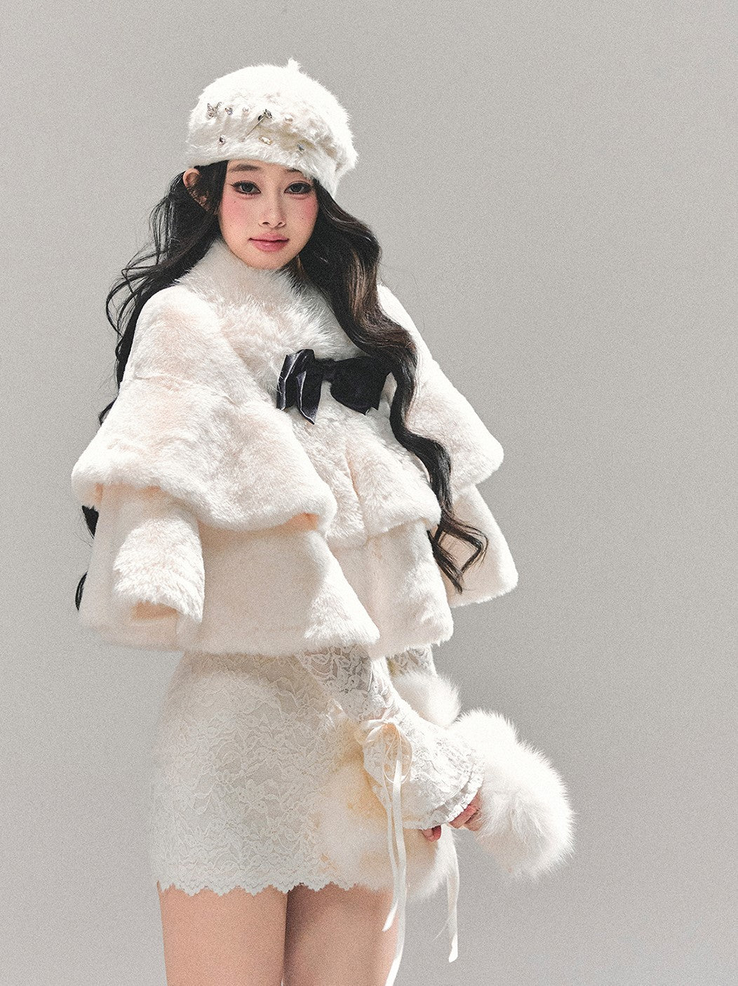 French-style Plush Ribbon Cape Coat DIA0674