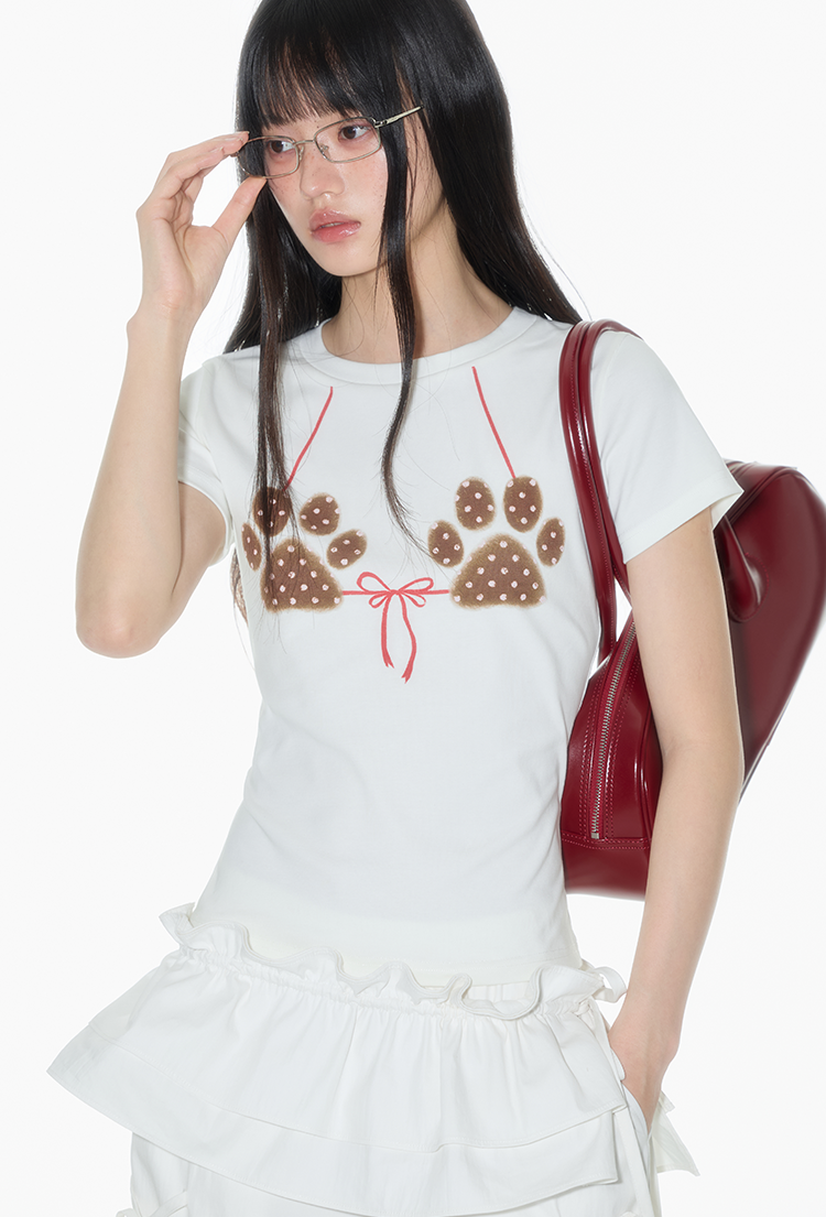 White Bow Cat Paw Print T-shirt ONT0013