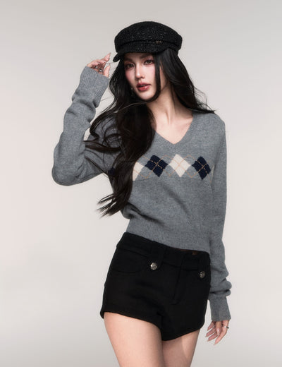 Diamond Pattern V-Neck Sweater LUL0200