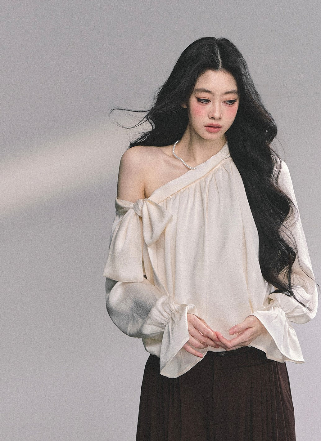 Oblique Shoulder Bow Plaid Shirt DIA0625