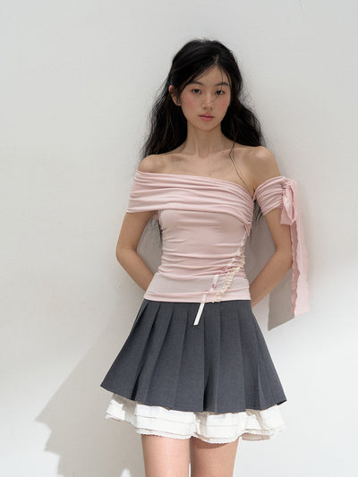 Off-shoulder Ribbon T-shirt SUN0132