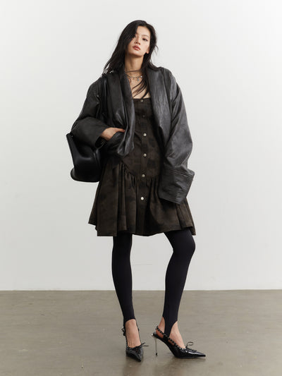 Retro Pleated Silhouette Leather Jacket JNY0255