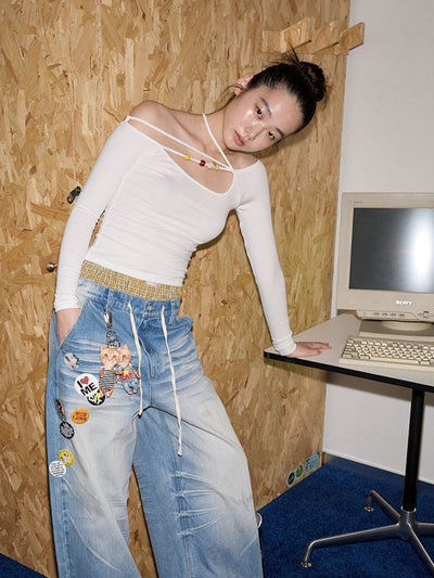 One-shoulder Beaded Strap T-shirt JIN0035