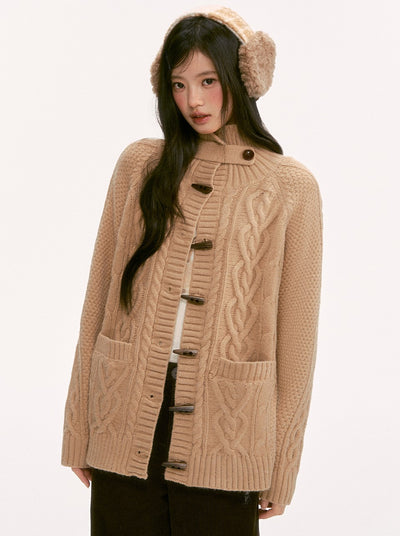 Retro Collar Horn Button Cable Knit Cardigan WEE0136