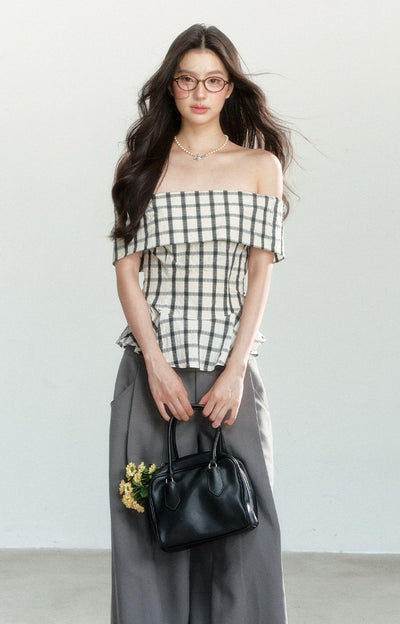 Splicing Plaid Off-shoulder Top SHI0161