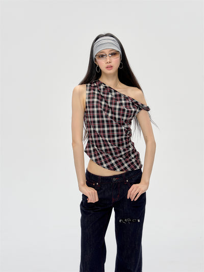 Retro Off-shoulder Plaid Top CUR0208