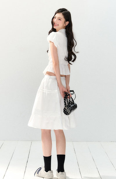 White Lace Short-sleeved Shirt/Skirt SHI0136