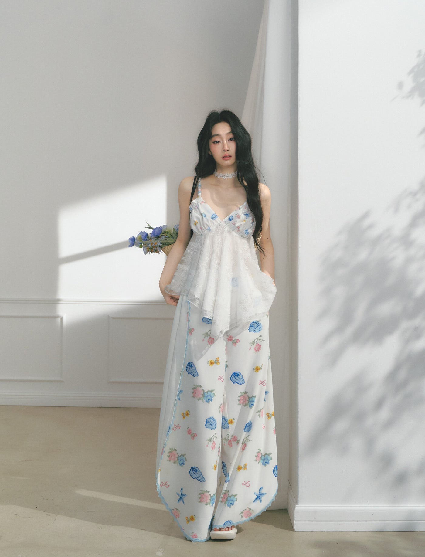 Floral Print Edge Lace Wide-Leg Pants SAL0176