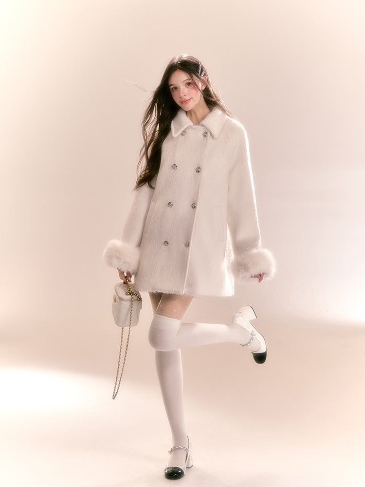 High-end Mid-length White Cotton Woolen Coat QDQ0092