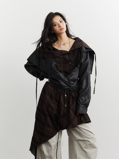 Plaid Stitching Leather Jacket+Skirt JNY0251
