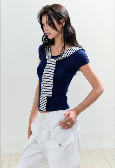 Fake Two-piece Shawl Slimming T-shirt AGM0167