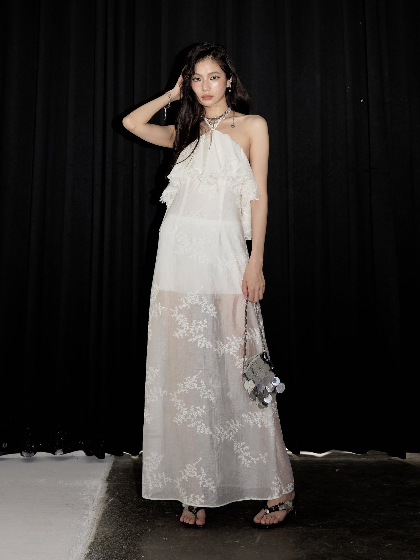 Embroidery Off-shoulder Halter Dress JNY0233