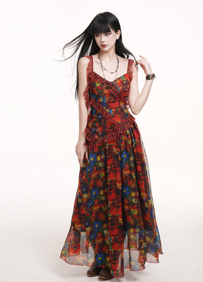 Red Floral Suspender Dress LAD0168