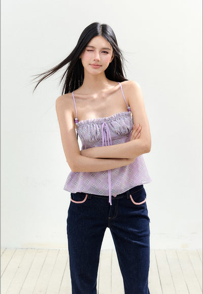 Beaded Bow Plaid Camisole AGM0165