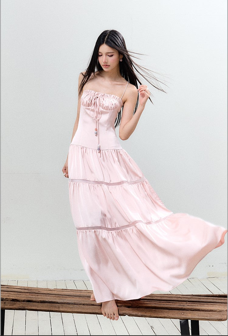 Satin Pleated Lace-up Suspender Dress AGM0150