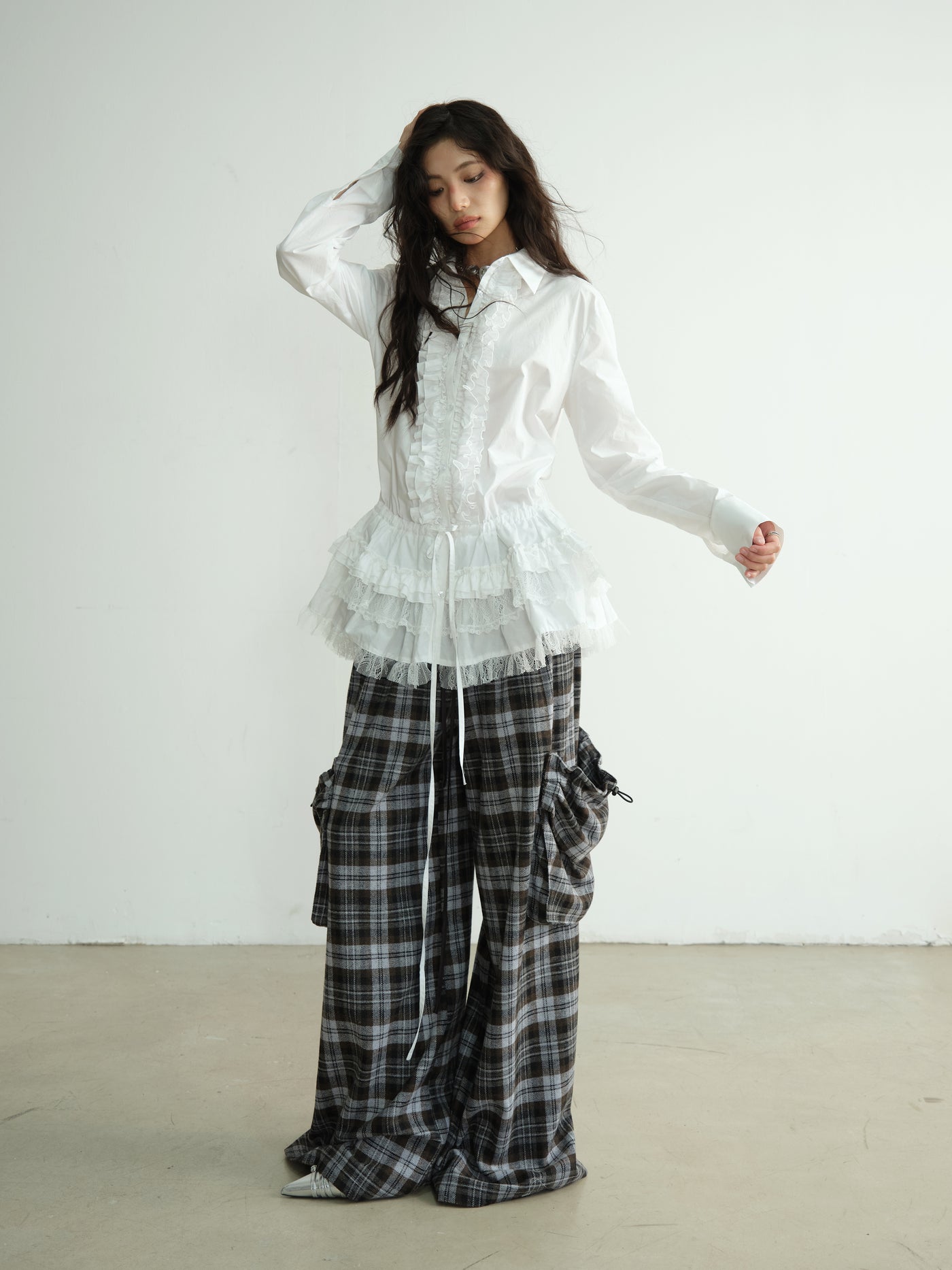 Lazy Relaxed Three-dimensional Large Pocket Plaid Wide-leg Pants JNY0188