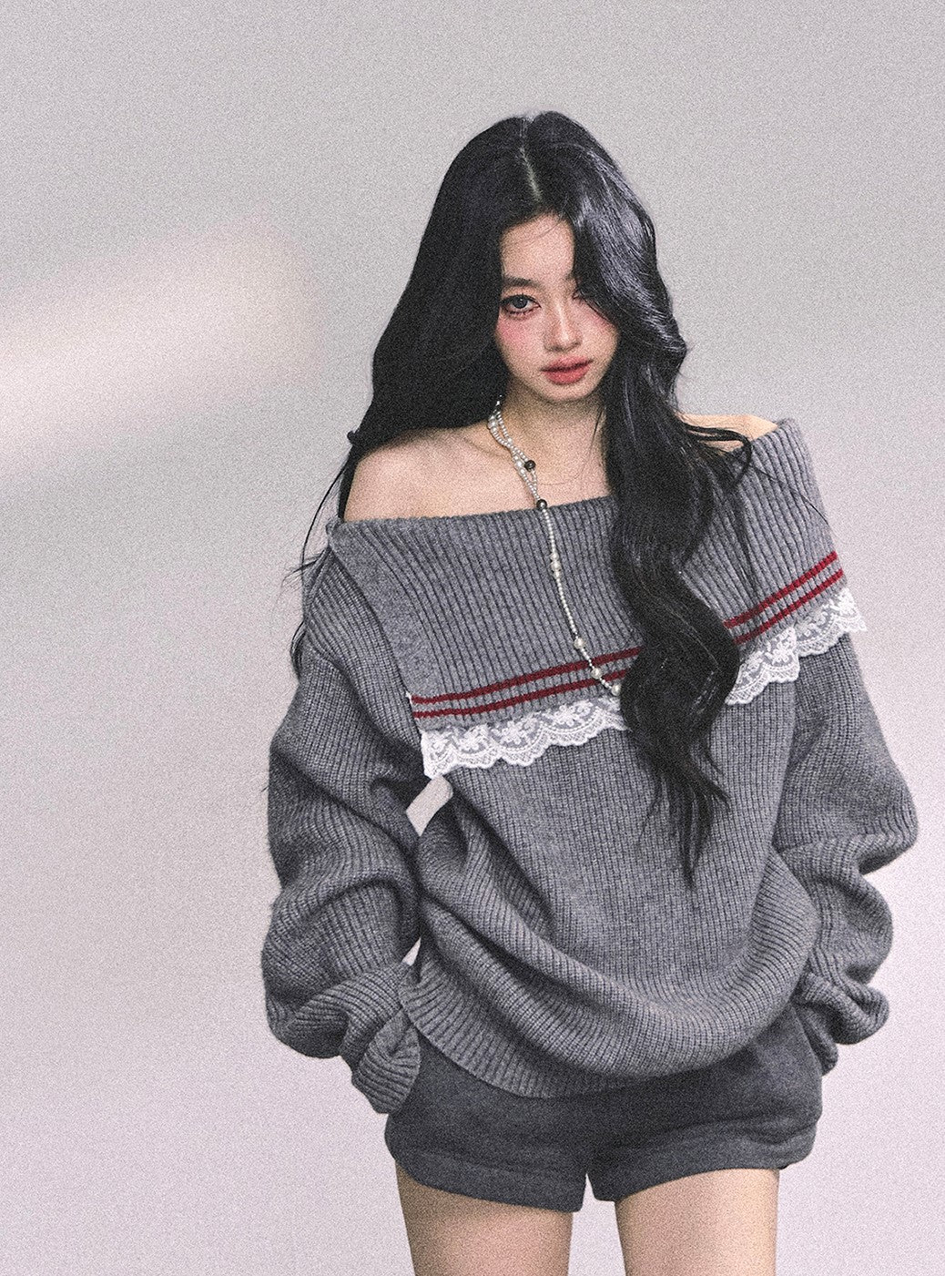 Lace Off-shoulder Loose Sweater DIA0632