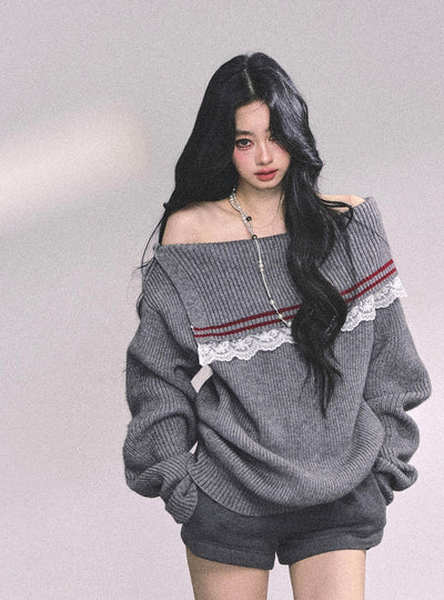Lace Off-shoulder Loose Sweater DIA0632