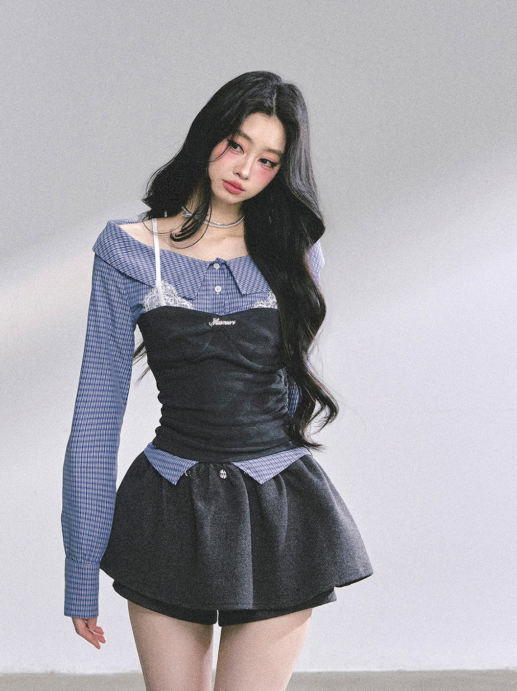 Fake Two-piece Plaid Lace Shirt DIA0573