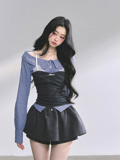 Fake Two-piece Plaid Lace Shirt DIA0573