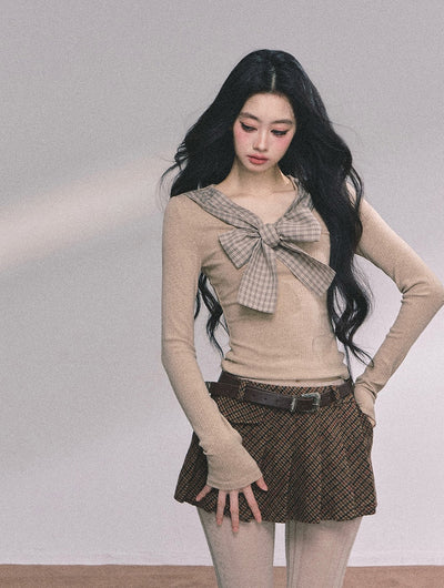 Fake Two-piece Bow Plaid Knit DIA0612