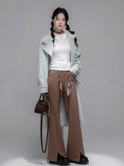 Chestnut Brown Scarf Belt Flared Pants COT0360
