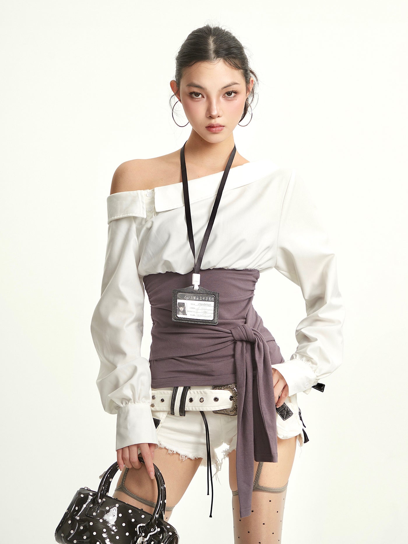 White Oblique Shoulder Stitching Shirt UNC0299