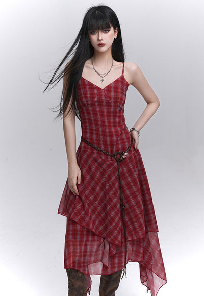 Irregular Hem Plaid Suspender Dress LAD0186