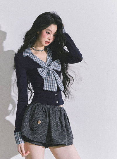 Fake Two-piece Bow Plaid Shirt DIA0599