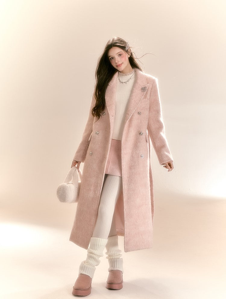 High-grade Mid-length Mist Powder Pink Woolen Long Coat QDQ0091