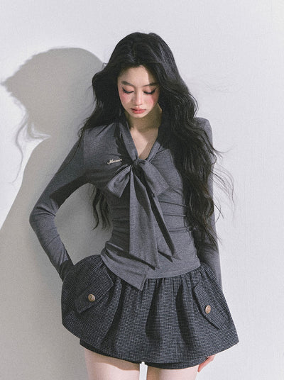 V-neck Ribbon Long-sleeved Slimming T-shirt DIA0591