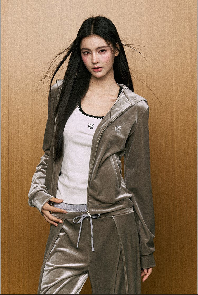 High-end Retro Gray Velvet Sweatshirt Jacket/Double Waist Casual Pants AGM0076