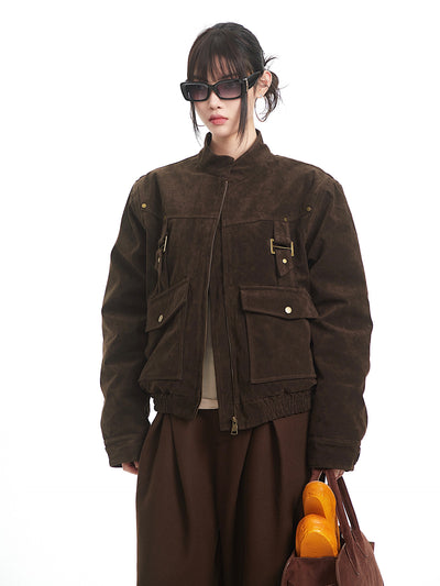 Brown Retro Suede Stand Collar Jacket UNC0330