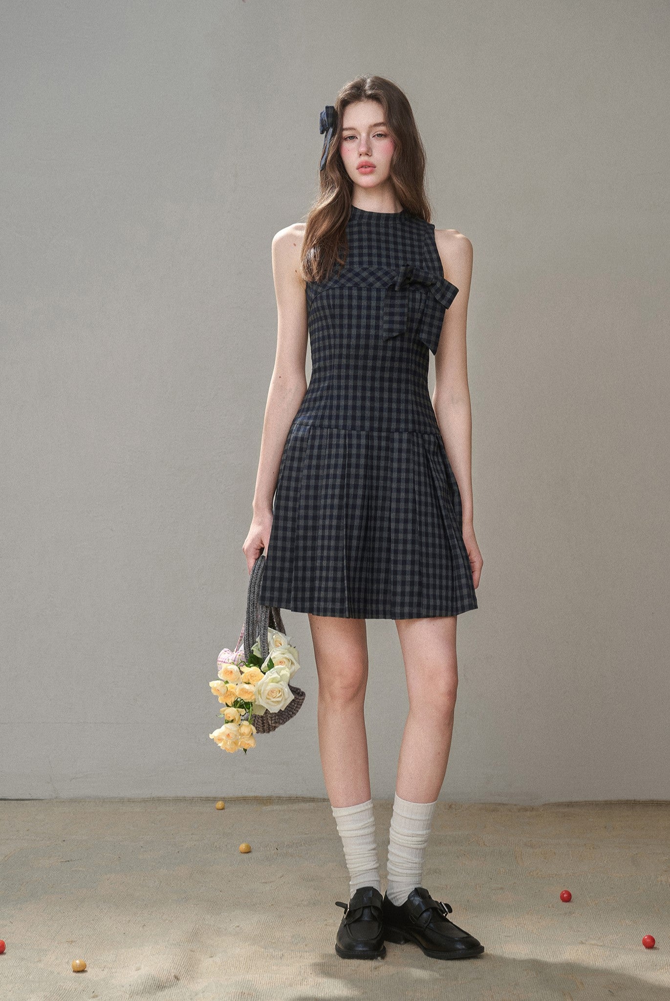 Bow Halter Neck Plaid Pleated Dress GRO0175