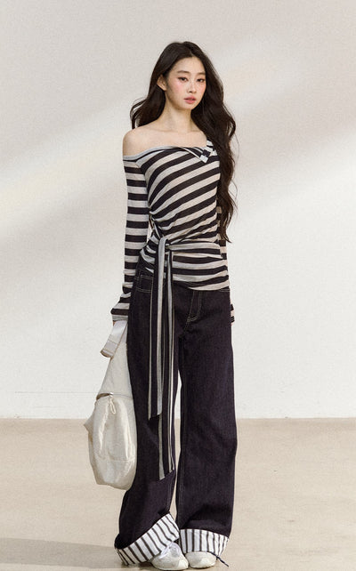 Oblique Shoulder Tie Striped T-shirt SHI0213