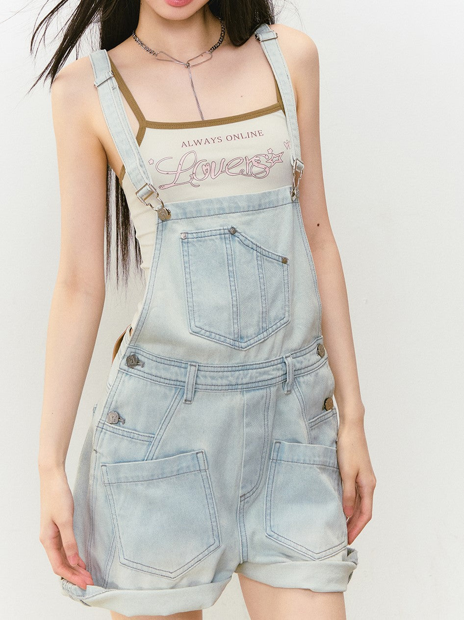 Light Blue Denim Loose Overall Shorts VIA0317
