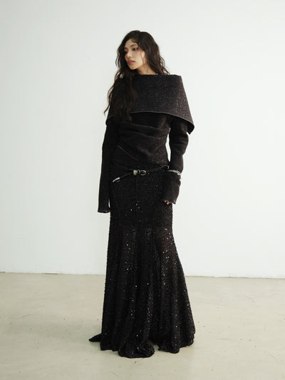 High Waist Sequined Black Long Skirt JNY0191