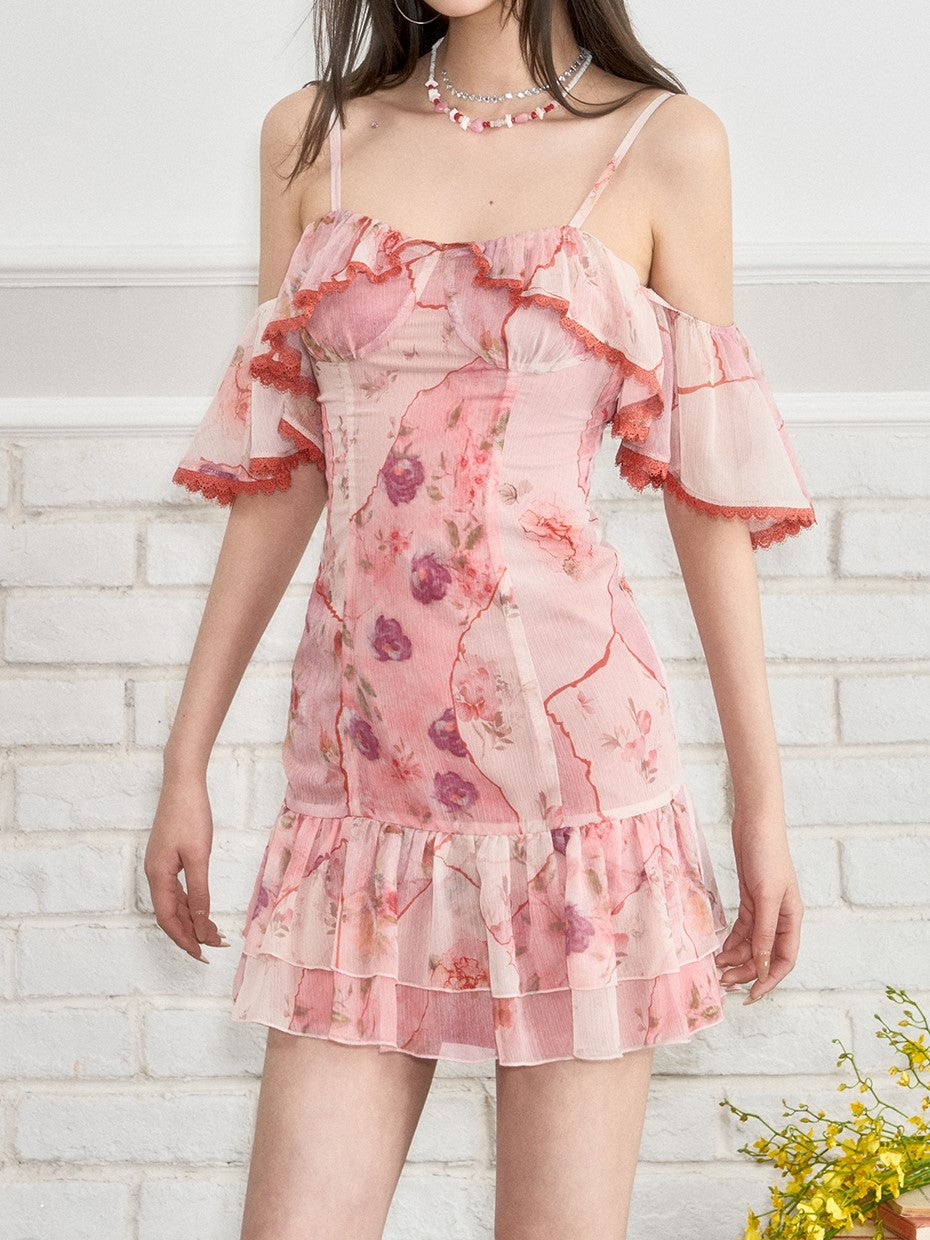 Lace Splicing Flower Suspender Dress VIA0261