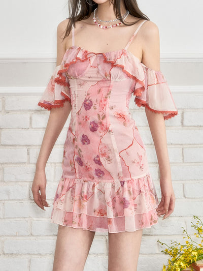 Lace Splicing Flower Suspender Dress VIA0261